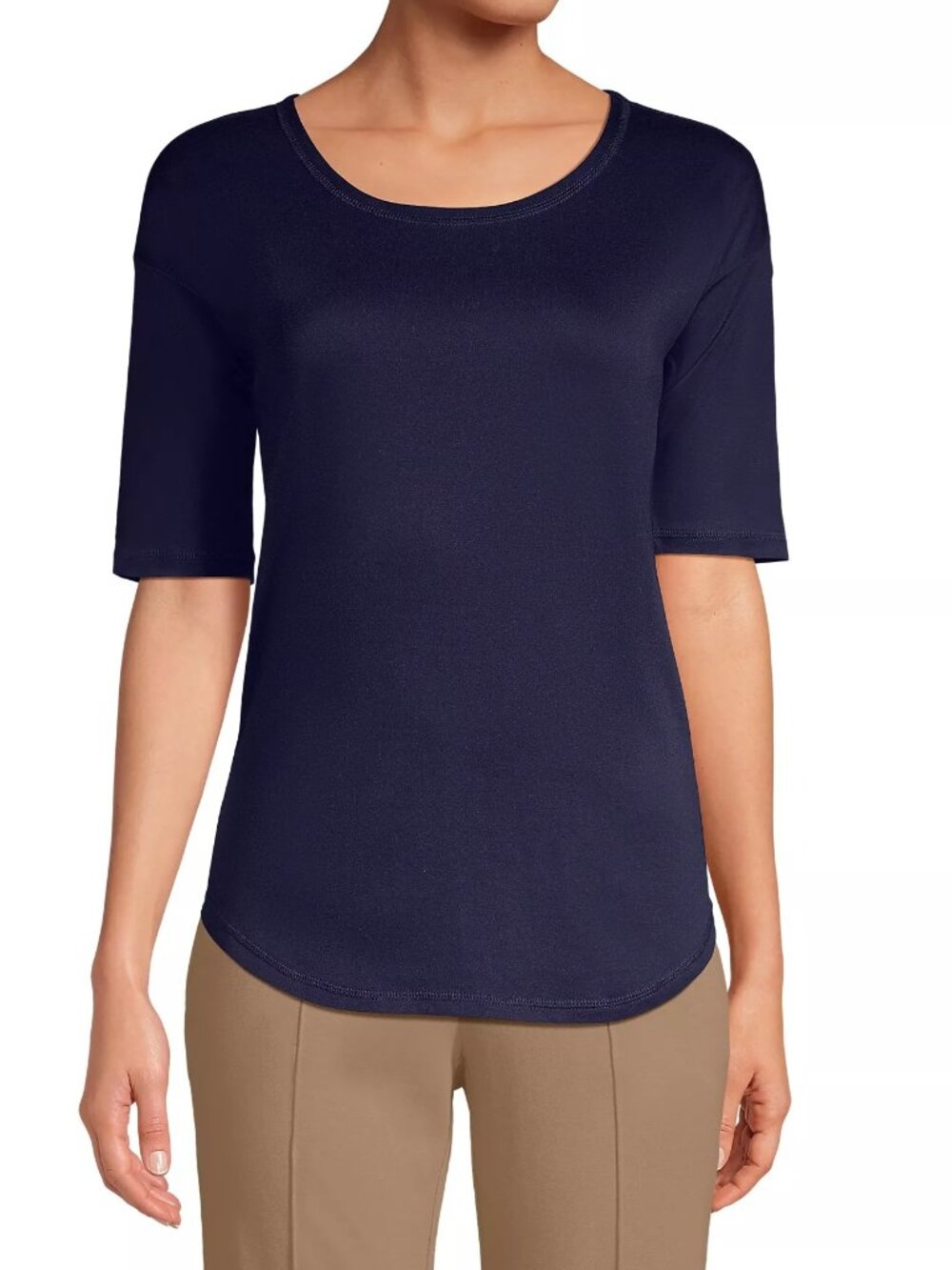 Lands' End Women's Top T-Shirt Navy Blue Elbow Sleeve Balletneck Small